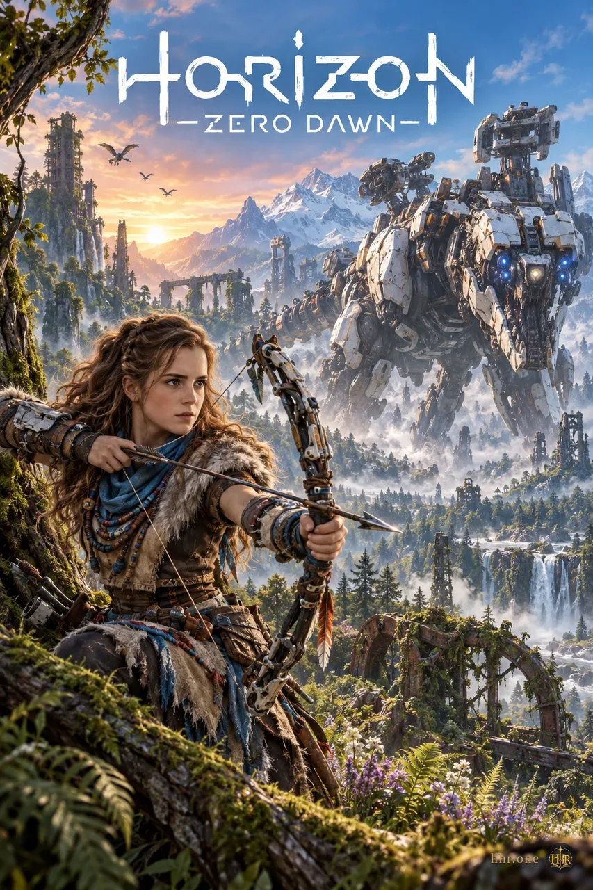 Гермиона Грейнджер, 22 года, принимает роль охотницы Нора в мире Horizon Zero Dawn. Плетёные ремни, кожа, мех, голубой шарф и детали машин образуют её походную броню. На фоне огромного Громозева она держит лук среди зелени и следов забытой цивилизации. Тёплый рассвет, горный туман и масштаб механического зверя сохраняют характерную атмосферу игры.