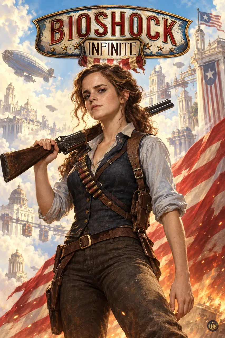 Гермиона Грейнджер, 22 года, занимает место главной героини BioShock Infinite в одежде начала XX века. Голубая рубашка, жилет, кожаная перевязь и оружие на плече формируют узнаваемый приключенческий силуэт. Позади открывается парящая Колумбия с неоклассическими зданиями, дирижаблями и развевающимися флагами. Светлое небо, тёплые ткани и винтажная эмблема поддерживают ретрофутуристическую эстетику игры.
