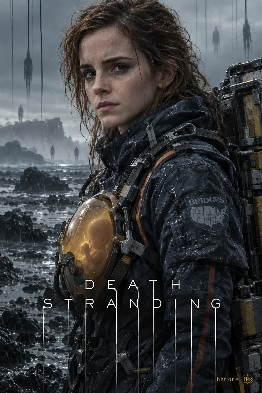 Гермиона Грейнджер, 22 года, принимает роль курьера BRIDGES в дождливом мире Death Stranding. Технический костюм, ремни и высокий грузовой рюкзак окружают её крупный портрет; янтарная капсула BB светится на груди. Чёрные нити спускаются сквозь серо-синий туман над пустынным ландшафтом. Мокрые волосы, стекло и ткань подчёркивают сдержанную кинематографичность постера.