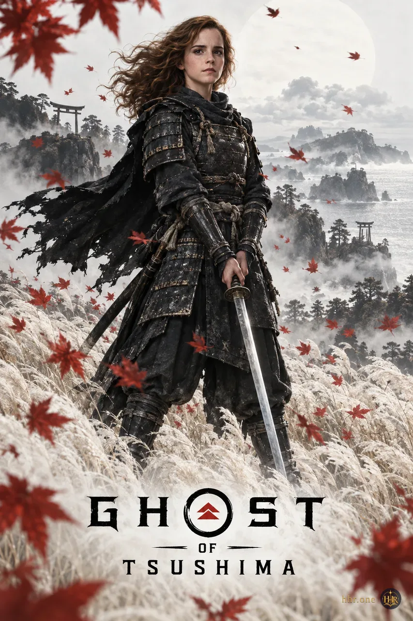 Гермиона Грейнджер, 22 года, становится самурайской героиней Ghost of Tsushima. Тёмная броня и катана выделяются среди колышущейся белой травы, ветра и красных листьев. Её лицо открыто, а поза сохраняет спокойную собранность. Контраст светлого пейзажа с тёмным силуэтом передаёт лаконичную красоту оригинального постера.