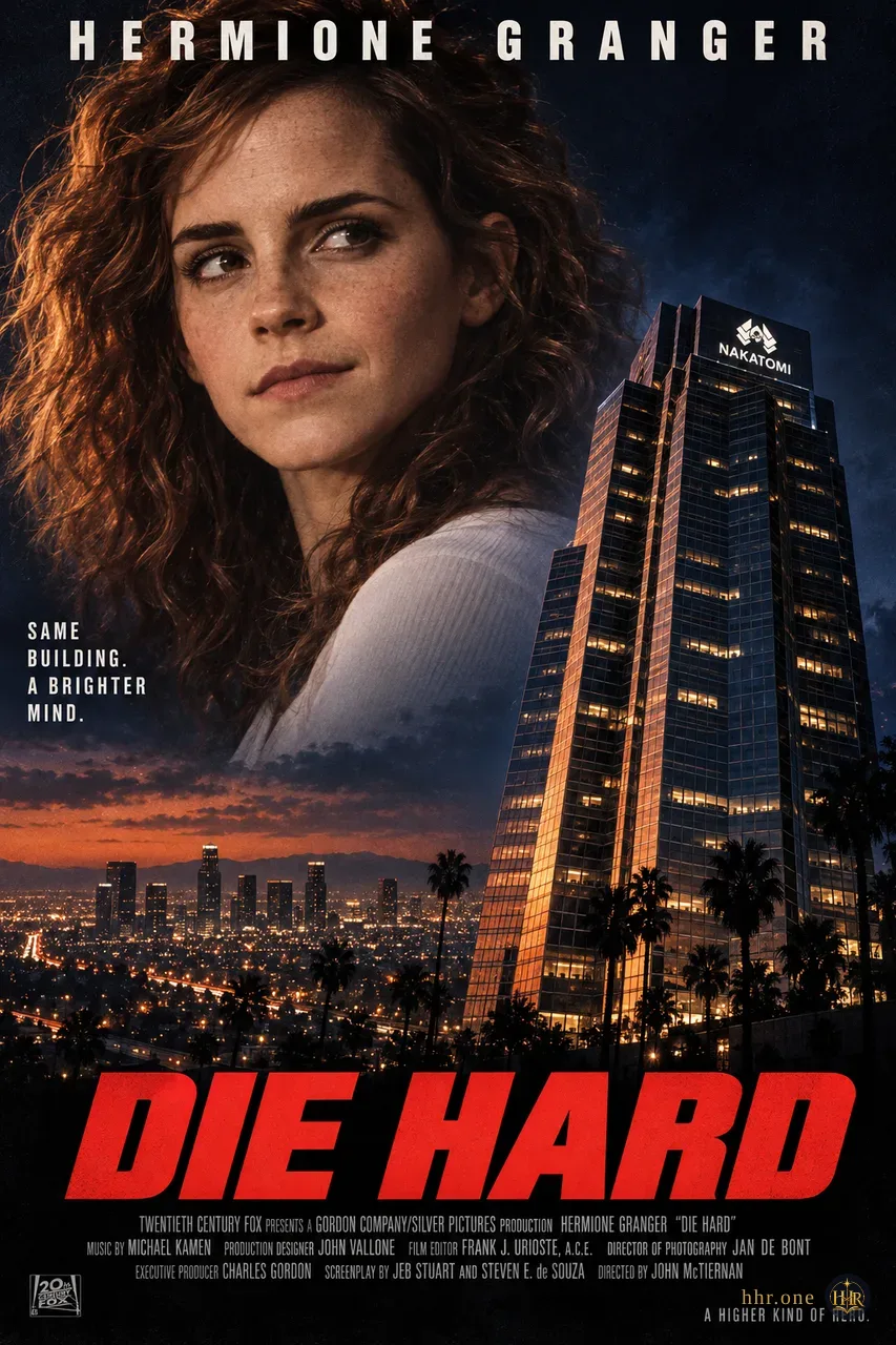 Фан-афиша «Крепкий орешек» (Die Hard, 1988) со взрослой Гермионой Грейнджер. Крупный портрет Гермионы соседствует с наклонённой башней Накатоми и ночными огнями Лос-Анджелеса. Холодный синий свет, оранжевые отражения в стекле и красный заголовок передают эстетику боевиков восьмидесятых.