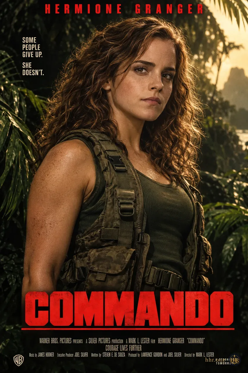 Фан-афиша «Коммандос» (Commando, 1985) со взрослой Гермионой Грейнджер. Гермиона в тактическом жилете стоит среди густых тропических джунглей. Зелёные тени, влажные кудри, янтарный свет и крупные красные буквы превращают её в героиню классического приключенческого боевика.