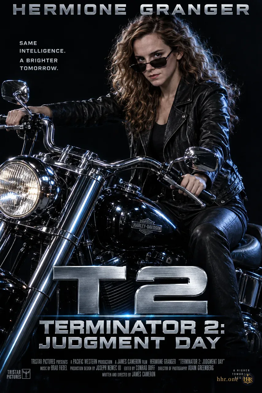 Фан-афиша «Терминатор 2: Судный день» (Terminator 2: Judgment Day, 1991) со взрослой Гермионой Грейнджер. Гермиона в чёрной кожаной куртке сидит на хромированном мотоцикле. Ледяные синие блики, тёмный фон и металлический знак T2 сохраняют узнаваемый образ фантастического фильма начала девяностых.