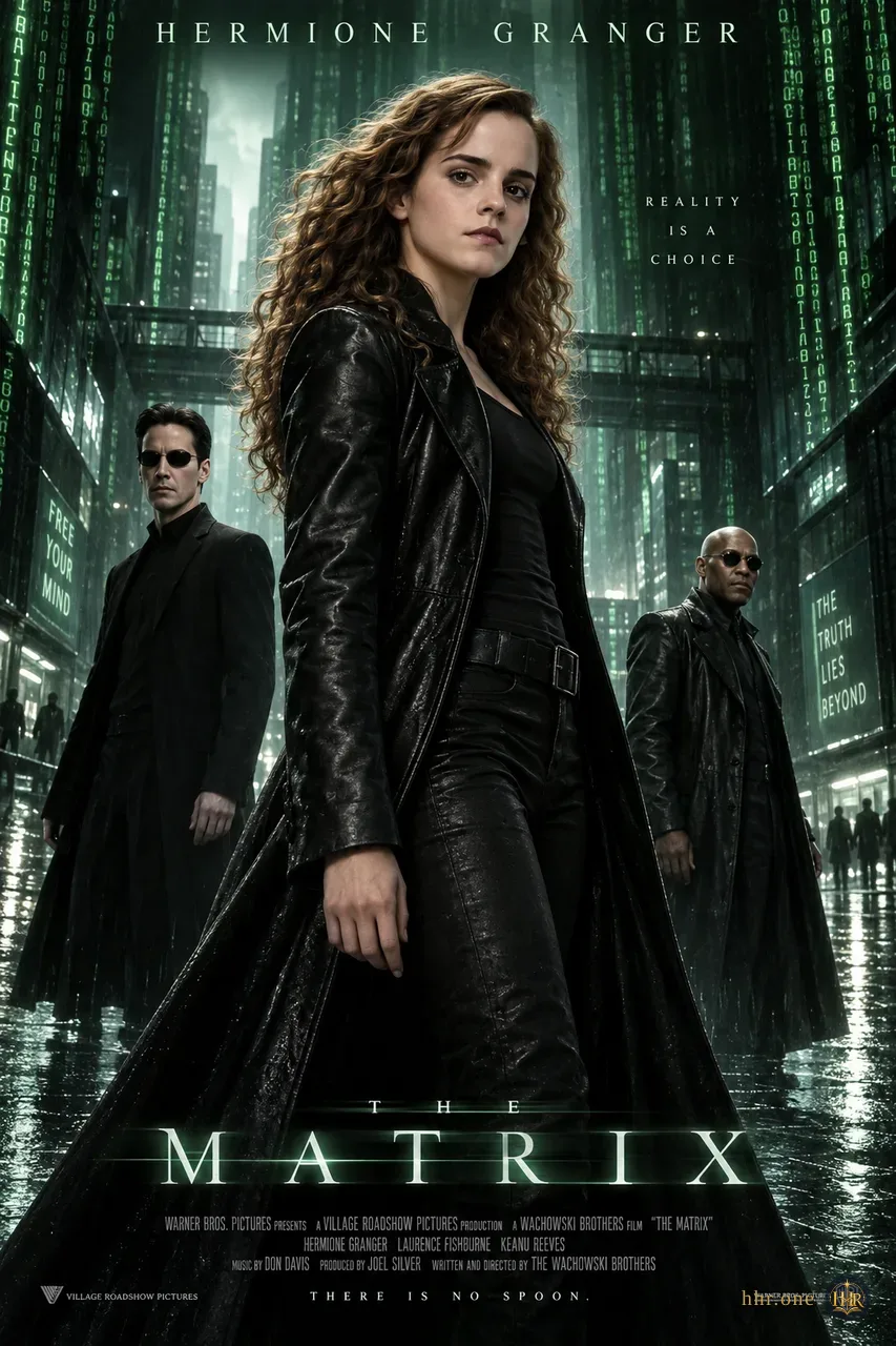 Фан-афиша «Матрица» (The Matrix, 1999) со взрослой Гермионой Грейнджер. Гермиона в длинном чёрном плаще возглавляет группу героев в залитом дождём городе. Изумрудный свет, вертикальные потоки кода и серебристая типографика создают атмосферу цифровой реальности.