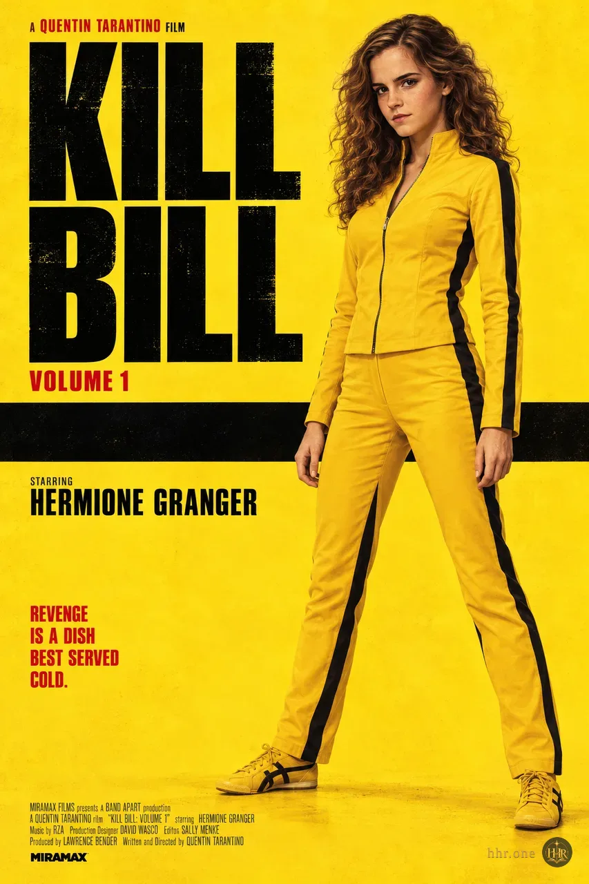 Фан-афиша «Убить Билла. Фильм 1» (Kill Bill: Volume 1, 2003) со взрослой Гермионой Грейнджер. Гермиона в жёлтом спортивном костюме занимает центр насыщенного золотого поля. Чёрные полосы и массивный заголовок сохраняют лаконичную графику знаменитой афиши, а спокойная поза подчёркивает уверенность героини.
