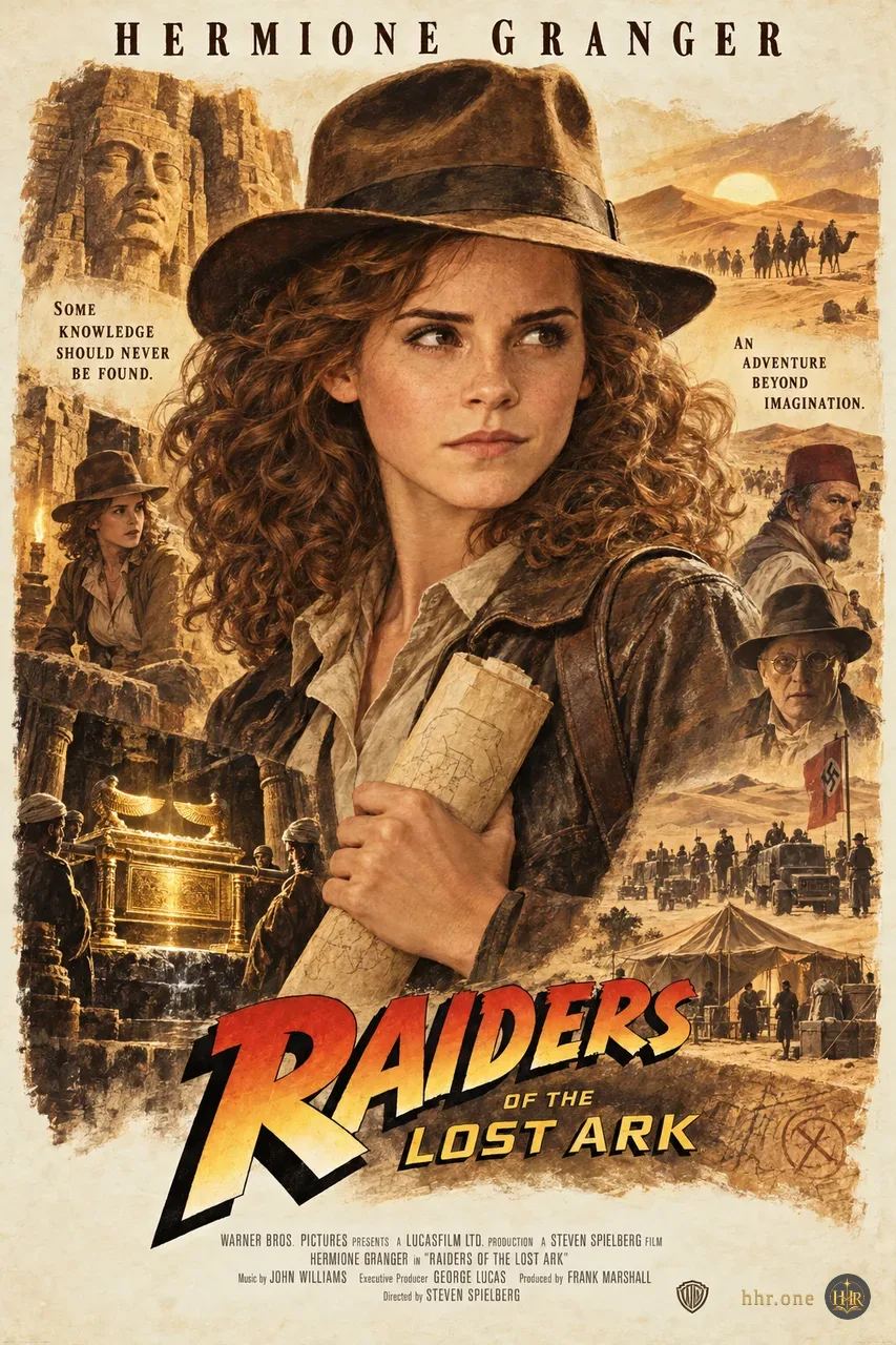 Фан-афиша «Индиана Джонс: В поисках утраченного ковчега» (Raiders of the Lost Ark, 1981) со взрослой Гермионой Грейнджер. Гермиона становится археологом в коричневой шляпе и кожаной куртке. Её портрет окружён древними храмами, пустыней и сияющим ковчегом; тёплая охра и живописные детали отсылают к приключенческим афишам восьмидесятых.