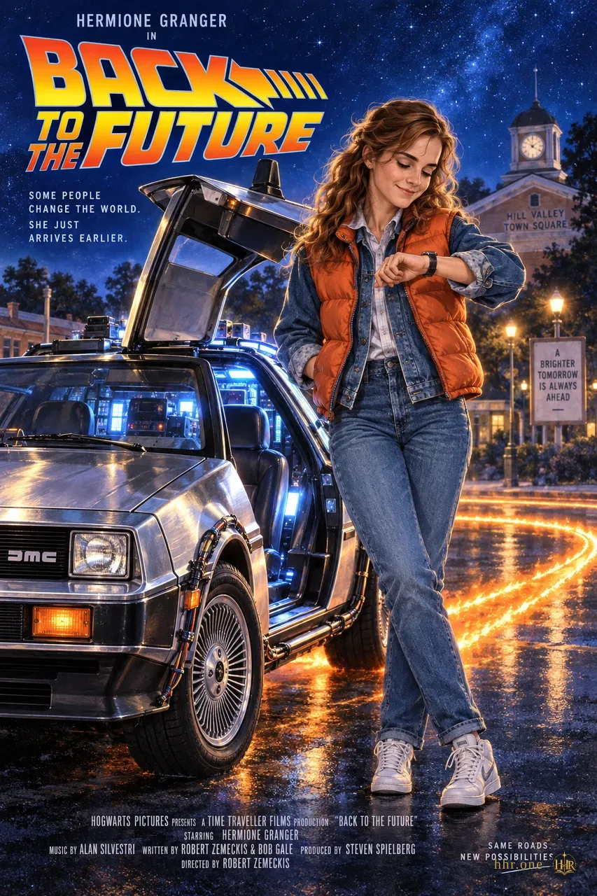 Фан-афиша «Назад в будущее» (Back to the Future, 1985) со взрослой Гермионой Грейнджер. Гермиона в джинсовой куртке и оранжевом жилете смотрит на часы возле серебристого DeLorean с открытой дверью. Звёздное небо, голубое свечение и оранжевые световые дорожки соединяют любопытство героини с романтикой путешествий во времени.