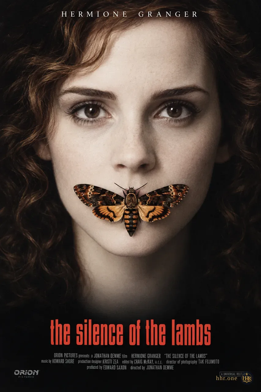Фан-афиша «Молчание ягнят» (The Silence of the Lambs, 1991) со взрослой Гермионой Грейнджер. Светлое лицо Гермионы возникает из чёрной тени, а тонко прорисованный мотылёк закрывает её губы. Сдержанная композиция, внимательный взгляд и небольшой красный заголовок сохраняют тревожную символику оригинальной афиши.