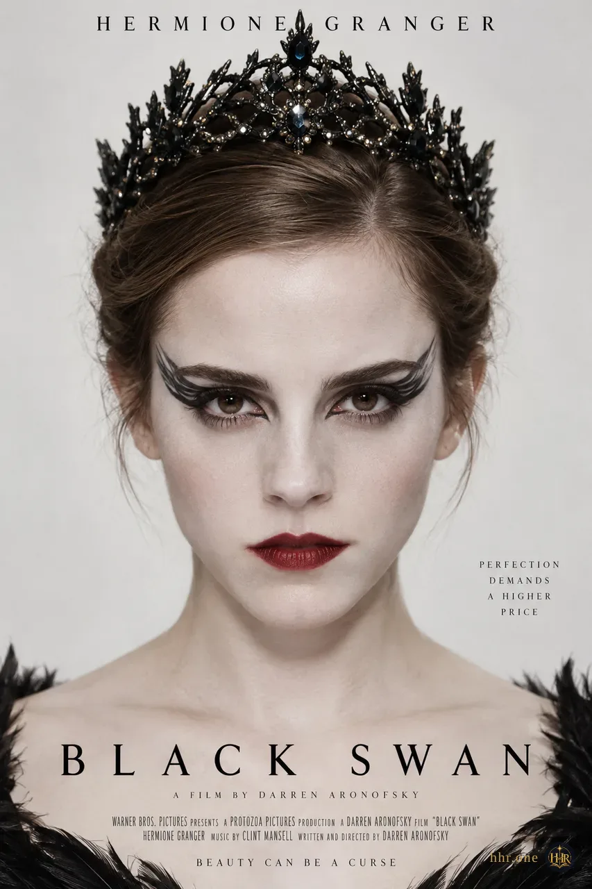 Фан-афиша «Чёрный лебедь» (Black Swan, 2010) со взрослой Гермионой Грейнджер. Гермиона представлена балериной с чёрной сценической короной, белым гримом и перьевыми стрелками вокруг глаз. Симметричный крупный план и чёрно-бело-красная палитра подчёркивают строгую красоту сценического образа.