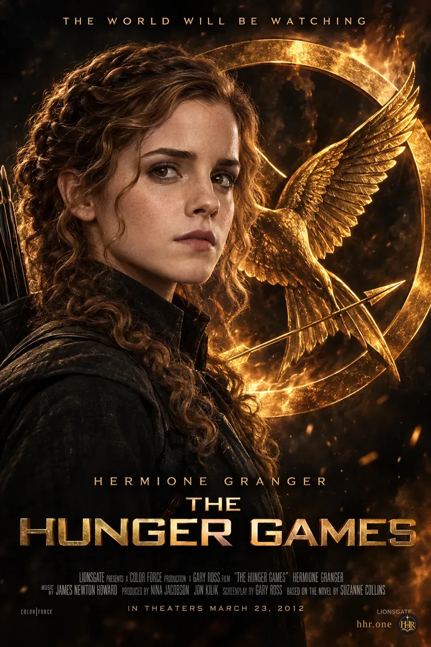 Фан-афиша «Голодные игры» (The Hunger Games, 2012) со взрослой Гермионой Грейнджер. Гермиона с заплетёнными каштановыми волосами показана на фоне золотого круга с эмблемой сойки. Тёмная одежда, дым, тёплый контровой свет и металлический заголовок создают образ собранной и решительной героини антиутопии.