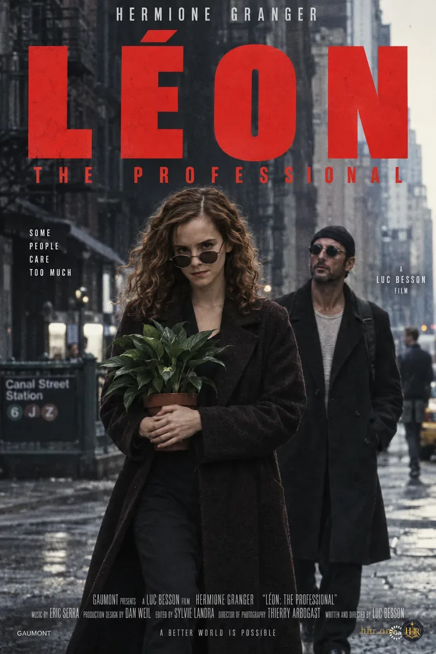 Фан-афиша «Леон» (Léon: The Professional, 1994) со взрослой Гермионой Грейнджер. Гермиона в длинном тёмном пальто идёт по нью-йоркской улице, держа небольшой горшок с зелёным растением. Круглые очки, холодная городская фотография и огромный красный заголовок переосмысливают узнаваемую композицию культовой криминальной драмы.