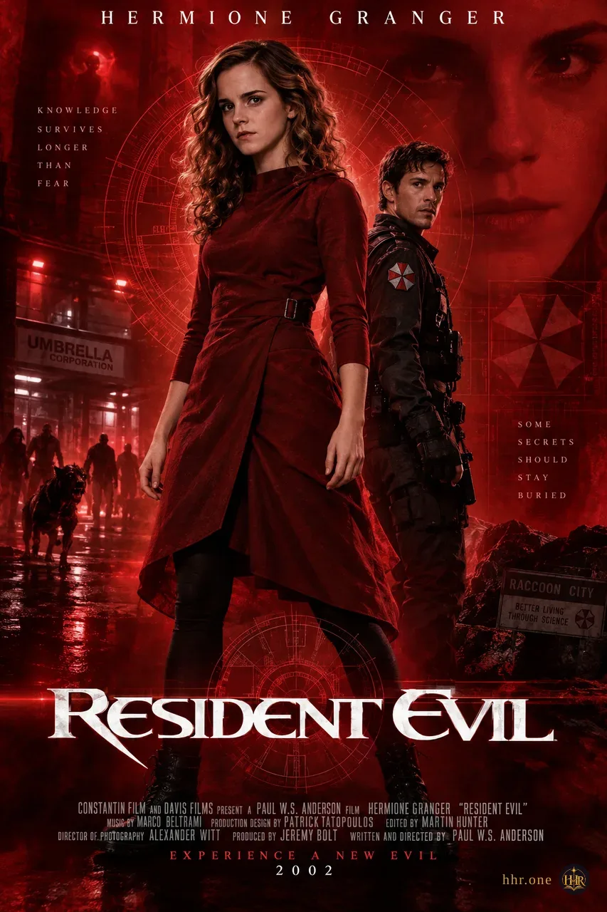 Фан-афиша «Обитель зла» (Resident Evil, 2002) со взрослой Гермионой Грейнджер. Гермиона в тёмно-красном платье занимает передний план технологического монтажа. Алый фон, круговые графические элементы, тени и острые белые буквы сохраняют визуальную манеру фантастического кино начала двухтысячных.