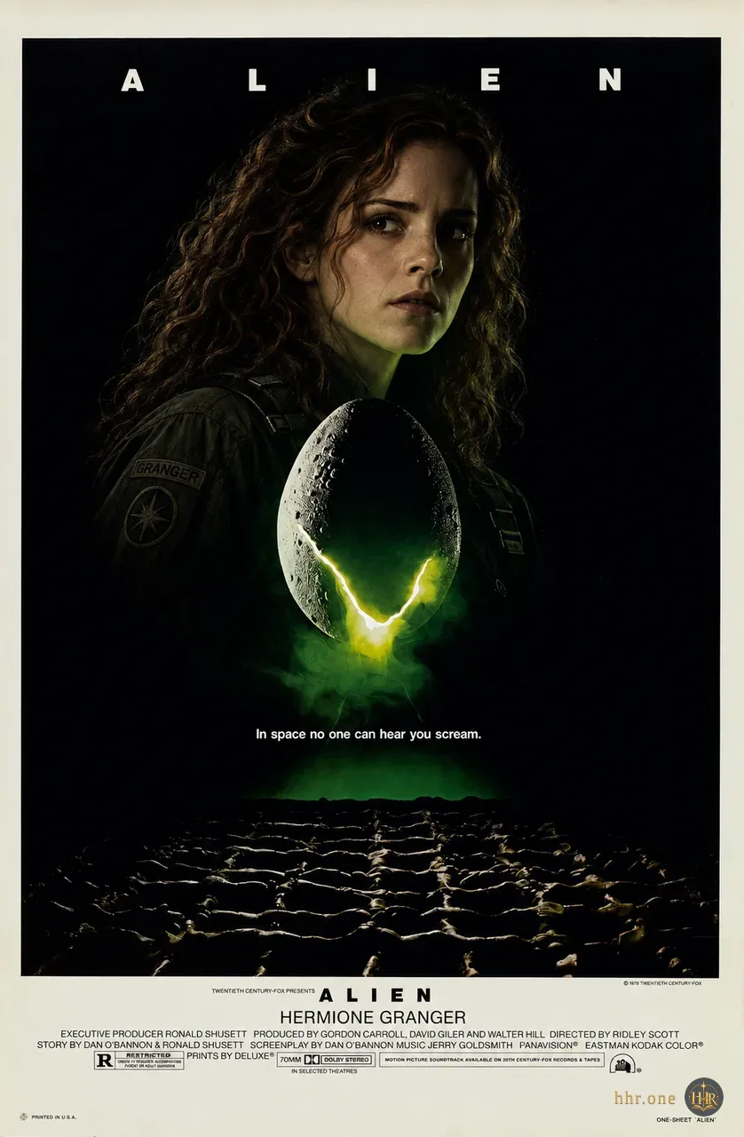 Фан-афиша «Чужой» (Alien, 1979) со взрослой Гермионой Грейнджер. Портрет Гермионы в рабочей форме космической экспедиции возникает из чёрного пространства за треснувшим яйцом. Зелёное свечение, пар, рельефная поверхность и кремовая рамка сохраняют минимализм оригинальной афиши, дополняя его образом новой главной героини.