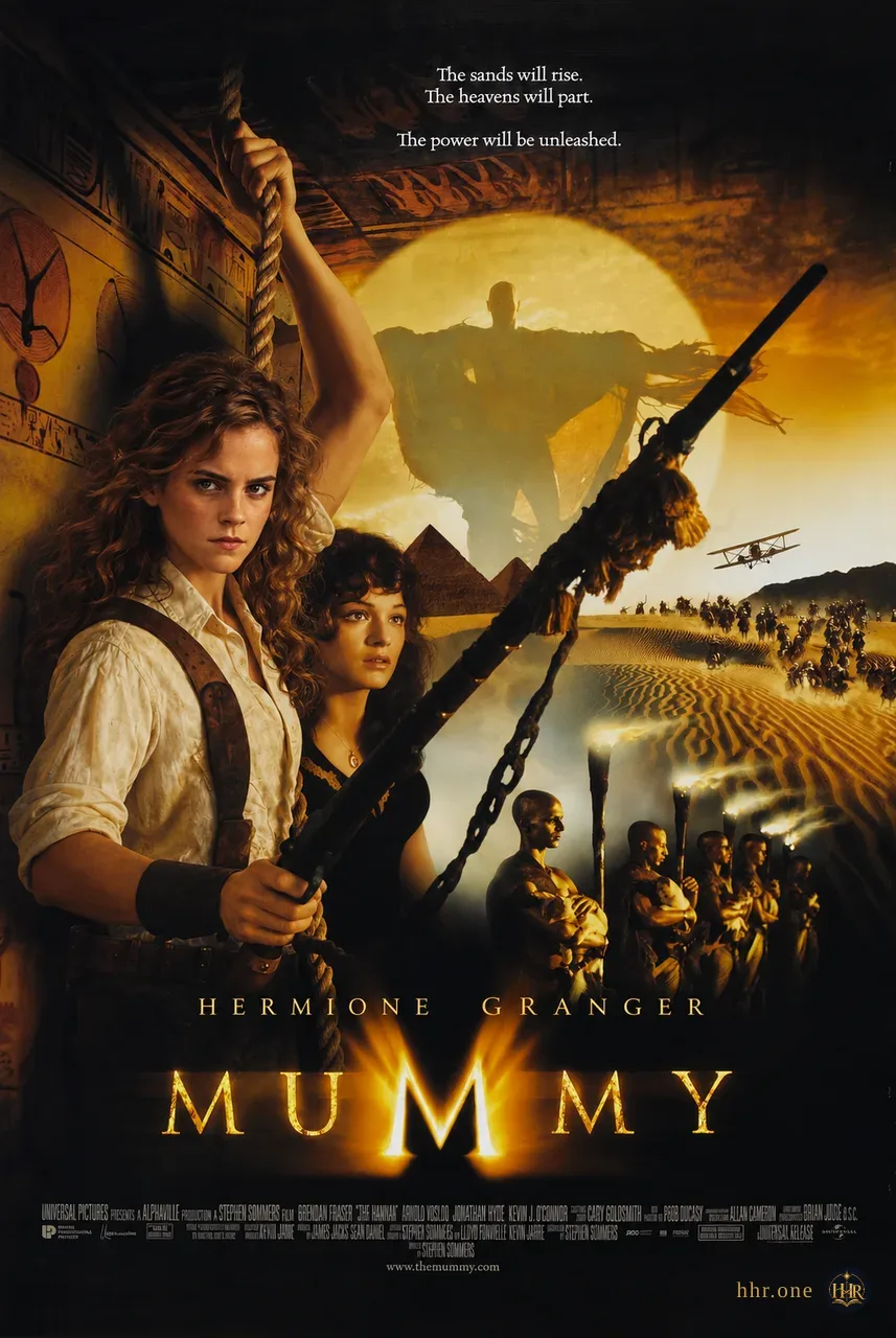Фан-афиша «Мумия» (The Mummy, 1999) со взрослой Гермионой Грейнджер. Гермиона в экспедиционной рубашке и кожаной амуниции занимает место главного искателя приключений. Золотой закат, мумия, пирамиды, самолёт и всадники собраны в подробный пустынный монтаж по композиции оригинальной афиши.