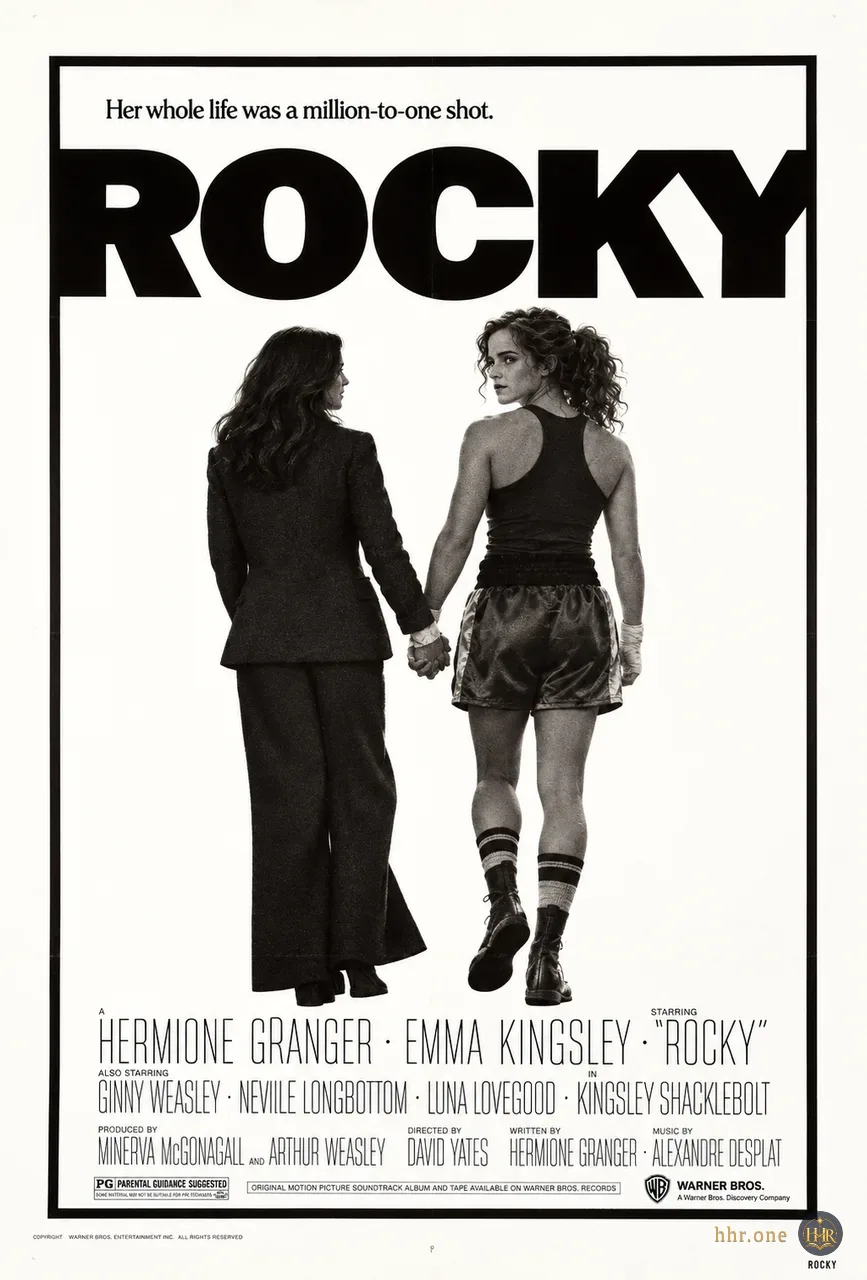 Фан-афиша «Рокки» (Rocky, 1976) со взрослой Гермионой Грейнджер. Гермиона в тренировочной форме боксёра уходит, держась за руку со спутницей, и оборачивается через плечо. Чёрно-белая фотография, кремовые поля, прямоугольная рамка и гигантское название сохраняют лаконичную композицию оригинальной афиши.
