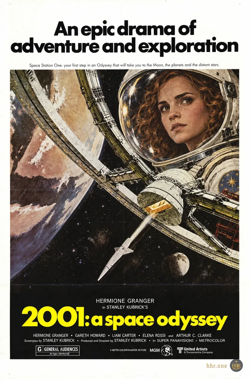 Фан-афиша «2001: Космическая одиссея» (2001: A Space Odyssey, 1968) со взрослой Гермионой Грейнджер. Гермиона в шлеме астронавта вписана в живописную панораму кольцевой станции, Земли и стыкующегося корабля. Белые поля, чёрная космическая глубина и жёлтый заголовок сохраняют оформление оригинального постера шестидесятых.