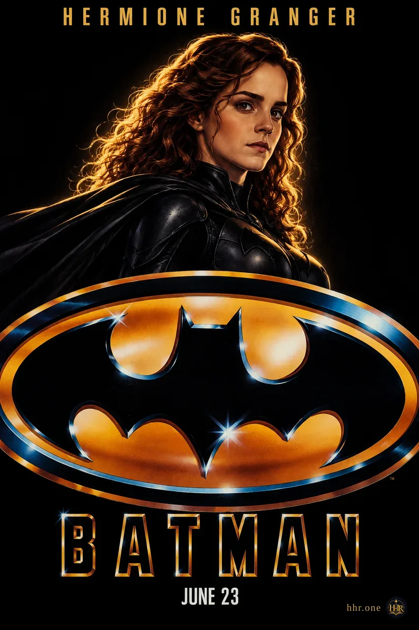 Фан-афиша «Бэтмен» (Batman, 1989) со взрослой Гермионой Грейнджер. Гермиона в чёрных доспехах и плаще возвышается над крупной золотой эмблемой летучей мыши. Золотой контровой свет, глубокий чёрный фон и объёмная металлическая графика продолжают минималистичный образ оригинальной афиши 1989 года.