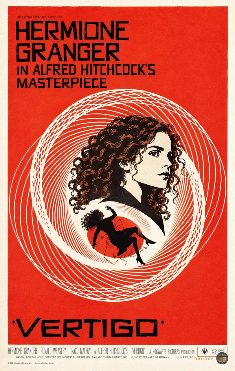 Фан-афиша «Головокружение» (Vertigo, 1958) со взрослой Гермионой Грейнджер. Графический портрет Гермионы и падающий силуэт вписаны в большую белую спираль. Оранжево-красное поле, кремовая бумага и неровная чёрная типографика сохраняют выразительность оригинальной афиши пятидесятых.