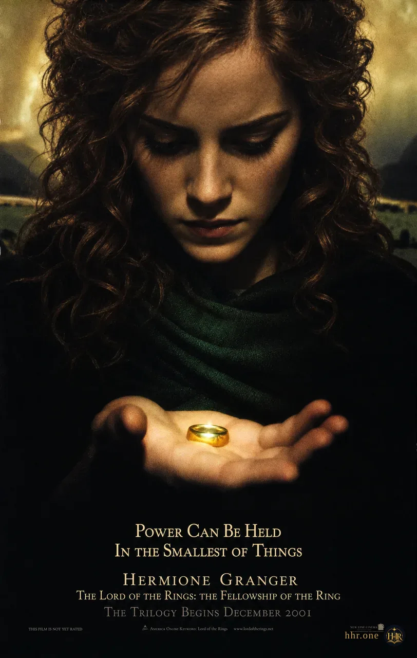 Фан-афиша «Властелин колец: Братство Кольца» (The Lord of the Rings: The Fellowship of the Ring, 2001) со взрослой Гермионой Грейнджер. Гермиона в тёмно-зелёном плаще склоняется над раскрытой ладонью с сияющим золотым кольцом. Глубокая тень, тёплый фон и сдержанные золотые буквы сохраняют интимную композицию оригинальной персонажной афиши.