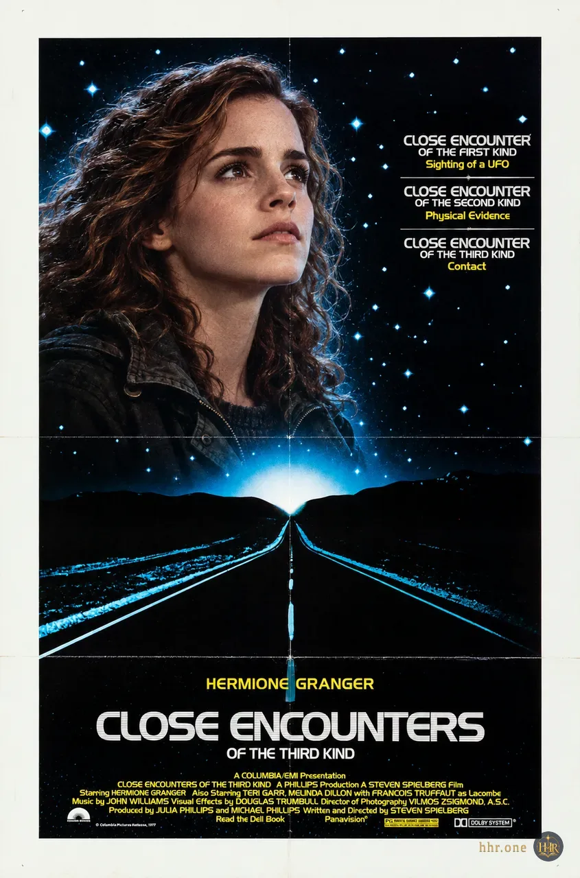 Фан-афиша «Близкие контакты третьей степени» (Close Encounters of the Third Kind, 1977) со взрослой Гермионой Грейнджер. Гермиона смотрит на неизвестный свет среди голубых звёзд; под её портретом дорога сходится к сияющему горизонту. Тёмное небо, полосатое белое название и жёлтые титры сохраняют оформление оригинальной афиши о первом контакте.