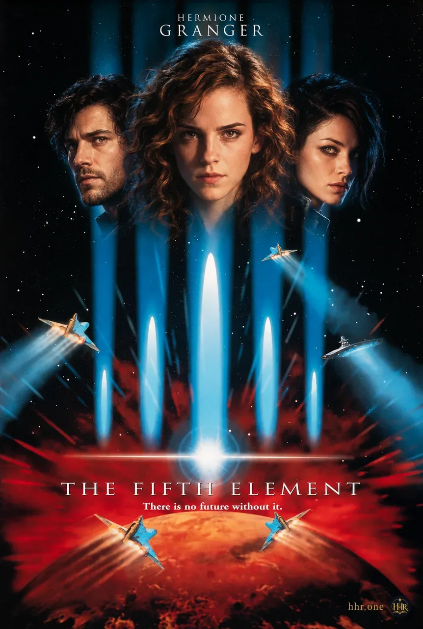 Фан-афиша «Пятый элемент» (The Fifth Element, 1997) со взрослой Гермионой Грейнджер. Гермиона становится главным лицом тройного портрета на фоне чёрного космоса. Пять голубых световых столбов, диагональные корабли, огненная планета и серебристое название сохраняют футуристический монтаж оригинала.