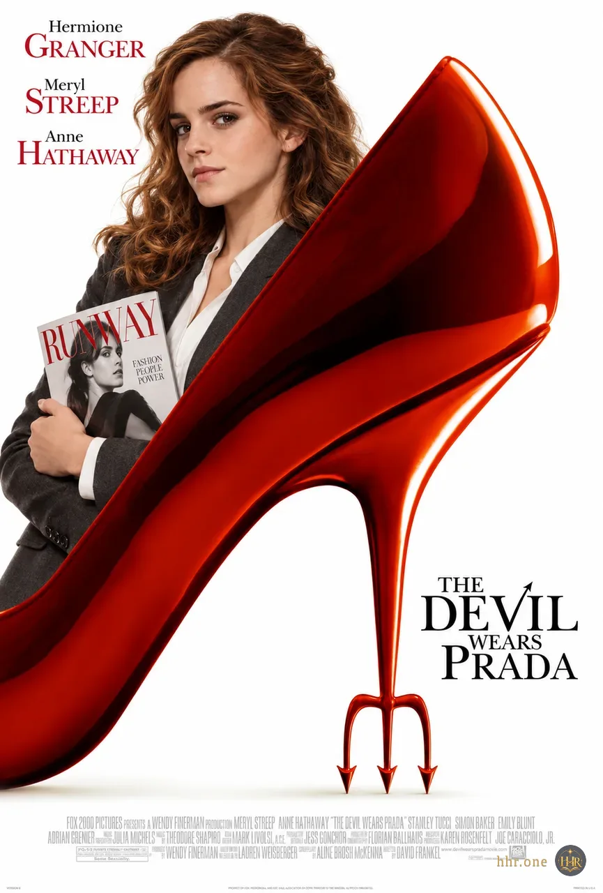 Фан-афиша «Дьявол носит Prada» (The Devil Wears Prada, 2006) со взрослой Гермионой Грейнджер. Гермиона в строгом пиджаке держит журнал рядом с гигантской глянцевой красной туфлей, каблук которой превращается в трезубец. Белый фон, красно-чёрные имена и наборное название сохраняют лаконичную модную графику оригинальной афиши.