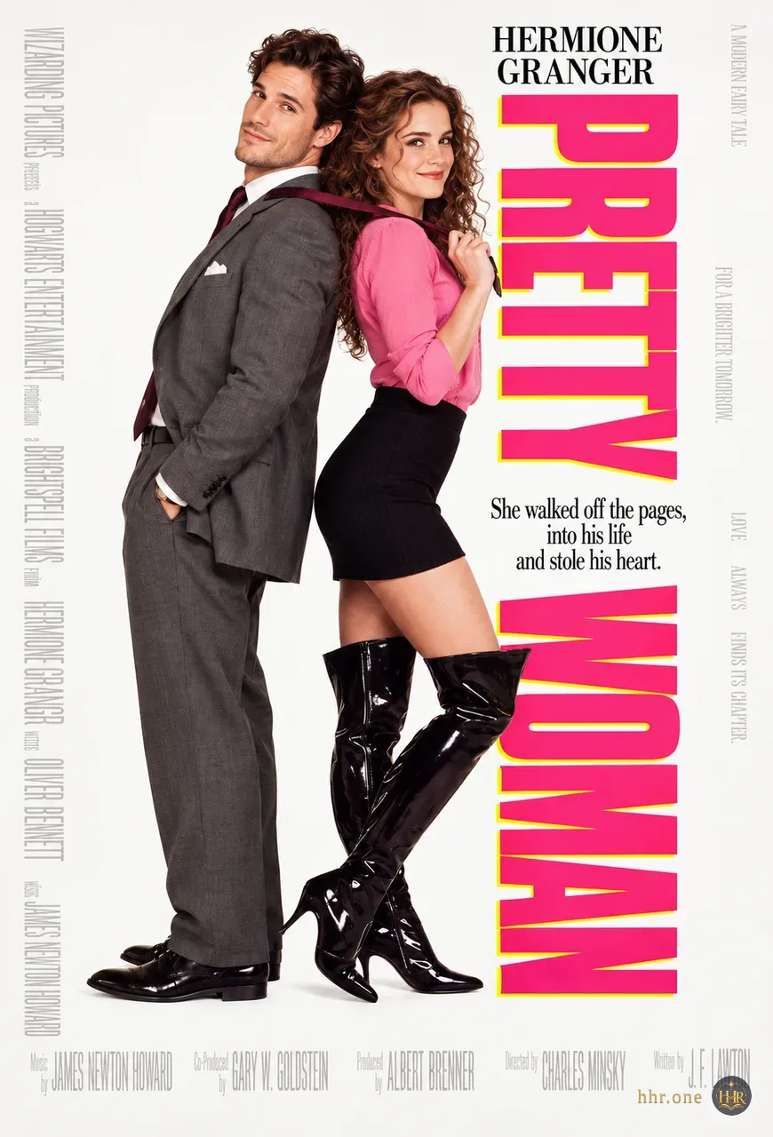 Фан-афиша «Красотка» (Pretty Woman, 1990) со взрослой Гермионой Грейнджер. Гермиона в розовой блузке и высоких чёрных сапогах стоит спиной к спутнику в сером костюме, играя его галстуком. Белый фон и огромный вертикальный розовый заголовок с жёлтой обводкой сохраняют лёгкость оригинальной романтической афиши.