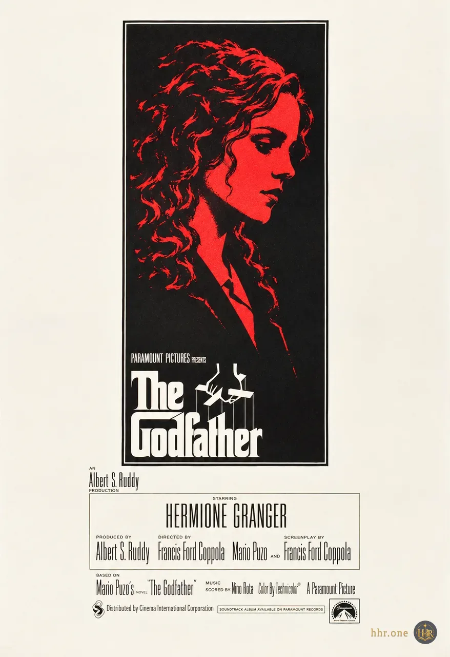 Фан-афиша «Крёстный отец» (The Godfather, 1972) со взрослой Гермионой Грейнджер. Красный профиль Гермионы с каштановыми кудрями возникает внутри высокого чёрного прямоугольника. Кремовые поля, белое название и эмблема кукловода сохраняют строгую двухцветную графику оригинальной британской афиши.